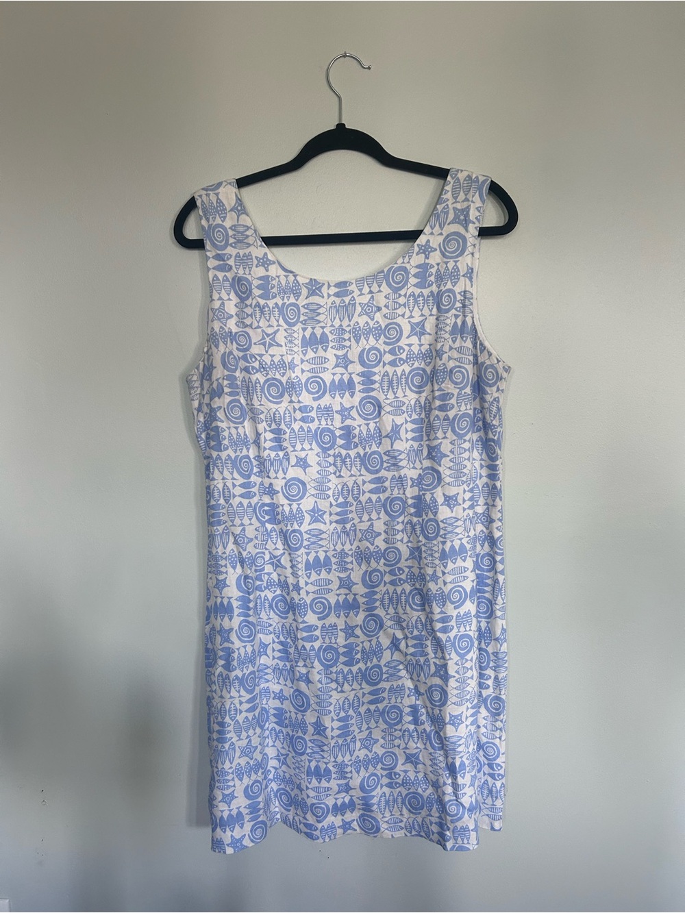 Sleeveless White Dress with Light Blue Geometric Print